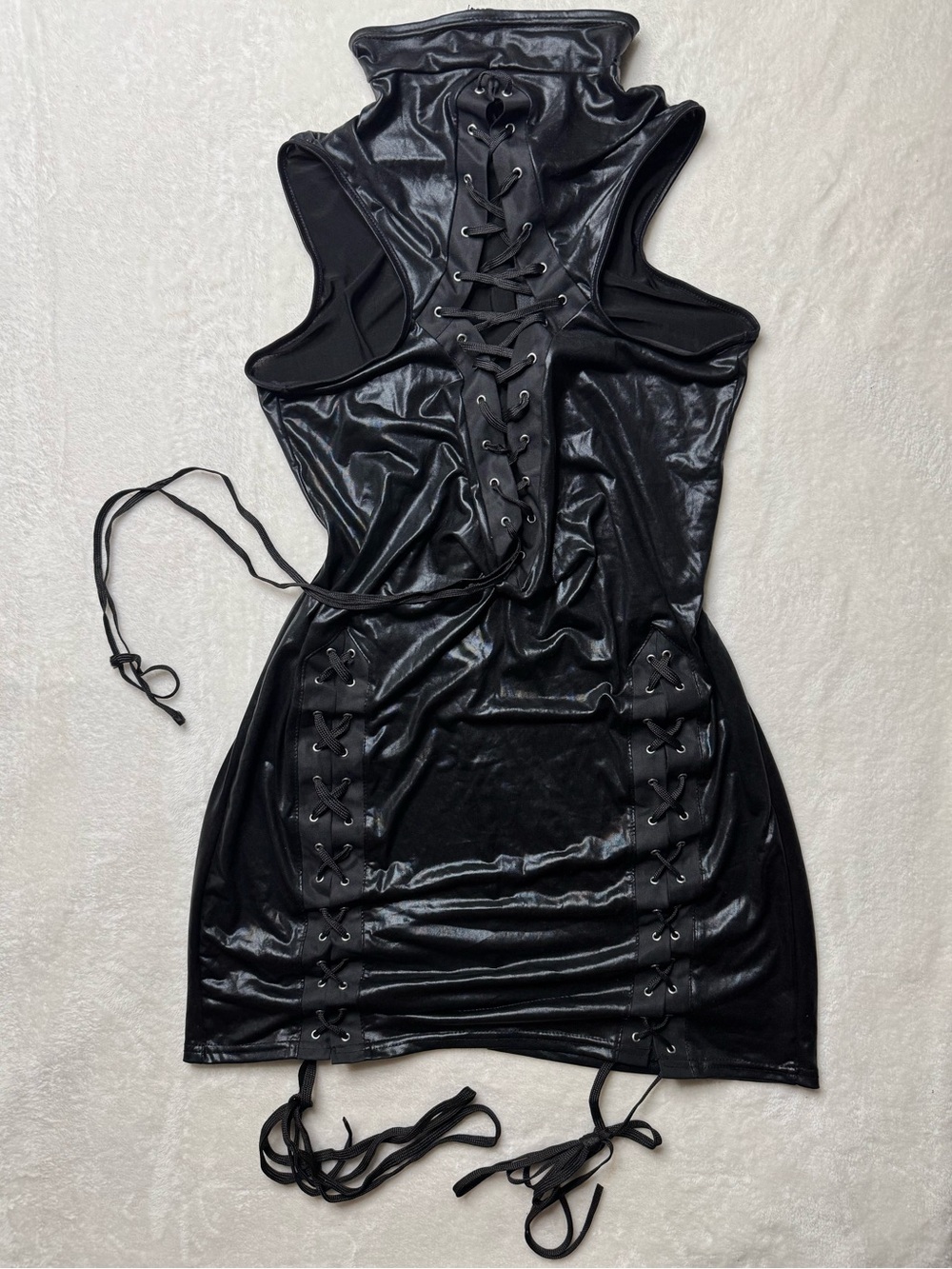 Darque Goth/Cyberpunk Black Glossy Leather Lace-Up Cut-out Bodycon Mini Dress